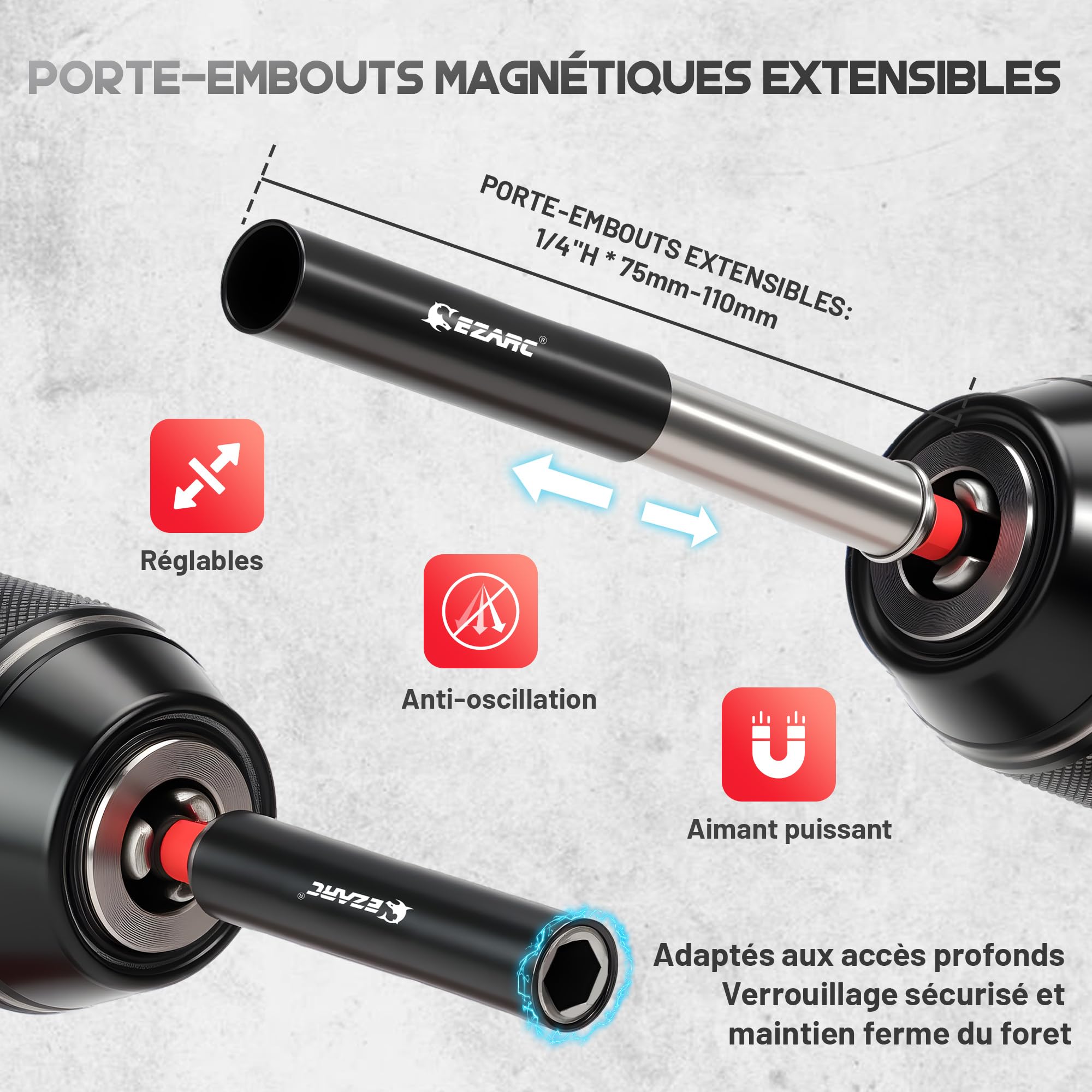 EZARC Ensemble de 14 pièces d'adaptateurs de douille, adaptateurs pour visseuse à choc 1/4", 3/8", 1/2", prolongation à déverrouillage rapide, support à aimant pour embouts et visseuse d'angle à 105°