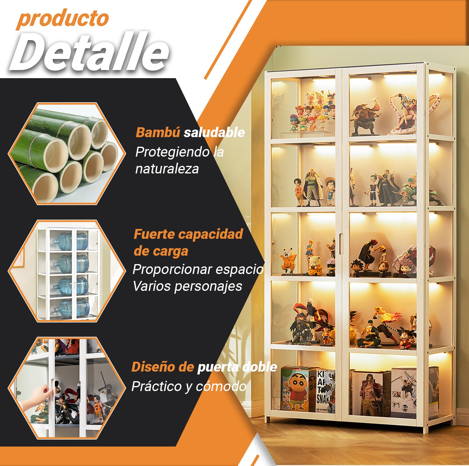 Vitrina expositora para Colecciones, Vitrina Cristal Vitrina expositora vidro à Prova de pó, Design de Porta de armário com LAPE sin luz.(82x 33 x 161cm/Blanco)