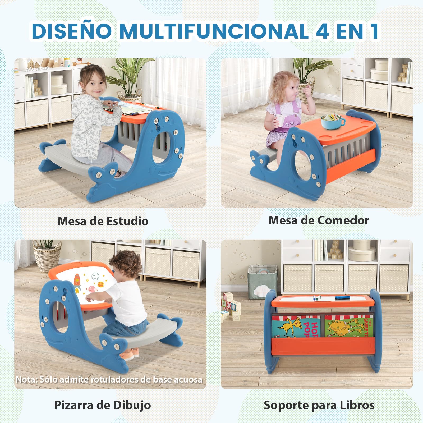 COSTWAY 4 en 1 Juego de Mesa de Actividades Convertible para Niños (Azul)
