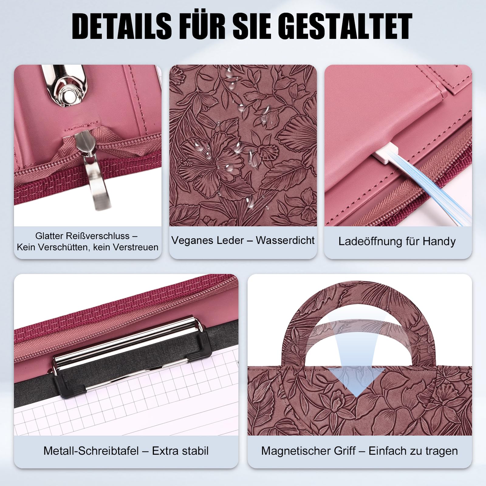 Leathario Schreibmappe A4 mit 5er Register DIN A4，Konferenzmappe mit 4 Ringbuch，Dokumentenmappe mit Reißverschluss，Griff，Klemmbrett,Ordner für Meeting, Business,Mappe für Schule, Uni