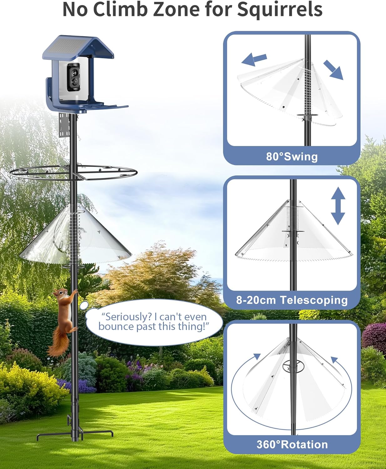 Bird Feeder Pole Mount Adapter - Only Designed for Bird Buddy, 180° Rotation for Easy Setup and Secure Installation, Metal-Bird Feeder Pole with Squirrel Baffle - 90 Inch Bird House Pole with Semicirc