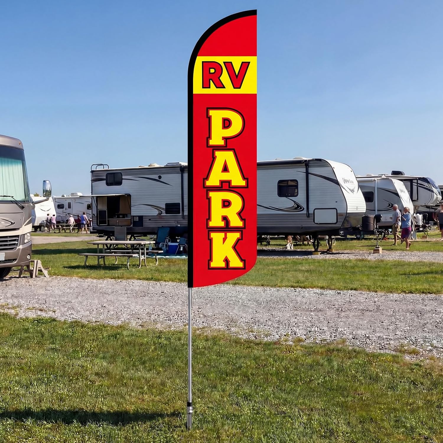 Tudomro 1 Set 15 FT RV Park Windless Feather Flag Kit - RV Parking Swooper Flag Banner Sign with Fiberglass Pole and Steel Ground Spike for Outdoor Campgrounds Parking Areas