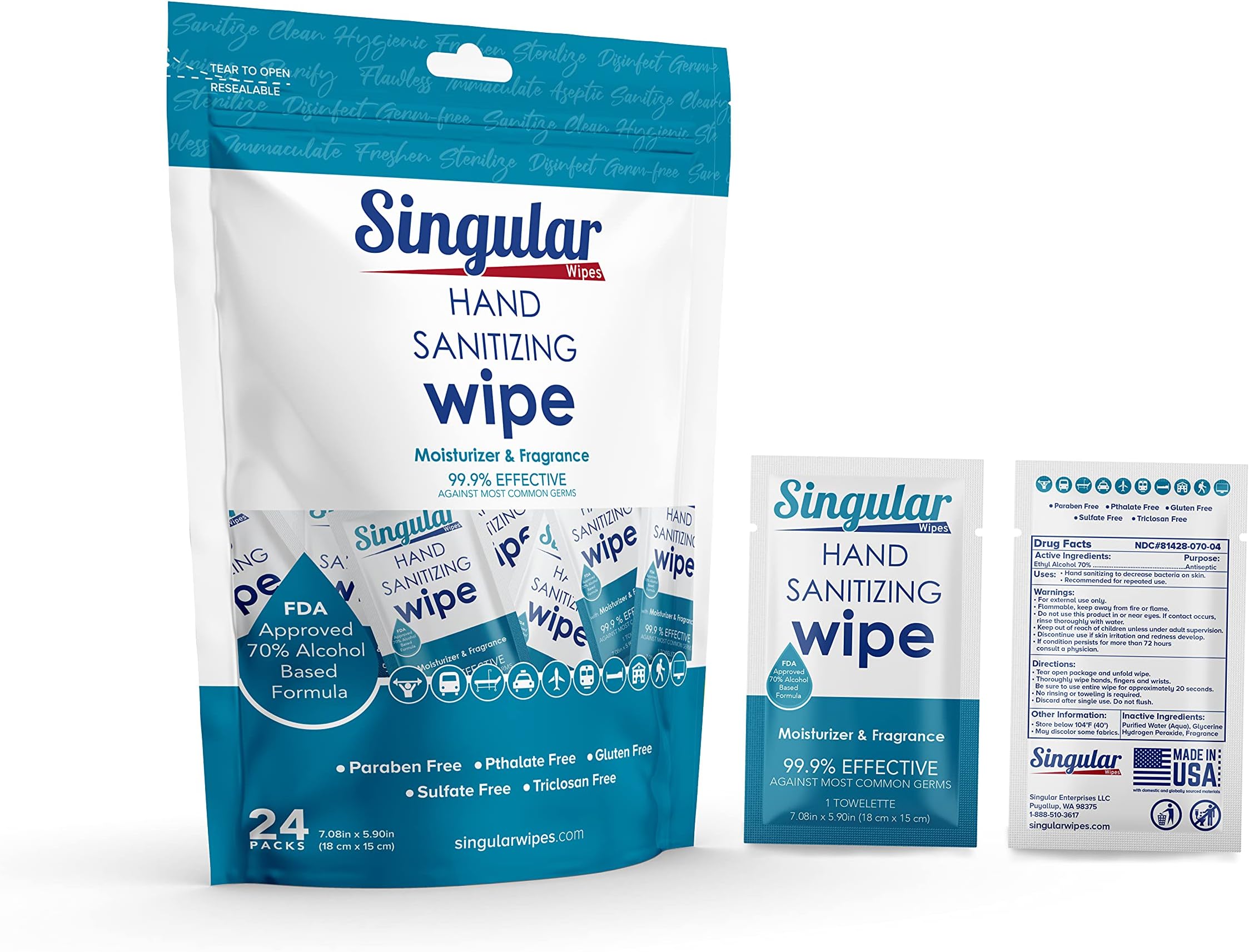 Singular Wipes HAND SANITIZING - Individually Packed Premium Hand Sanitizing for Travel, Home, Office, School, etc. with Fragrance and Moisturizer - Manufactured in USA (Fresh Citrus 24ct Bag)