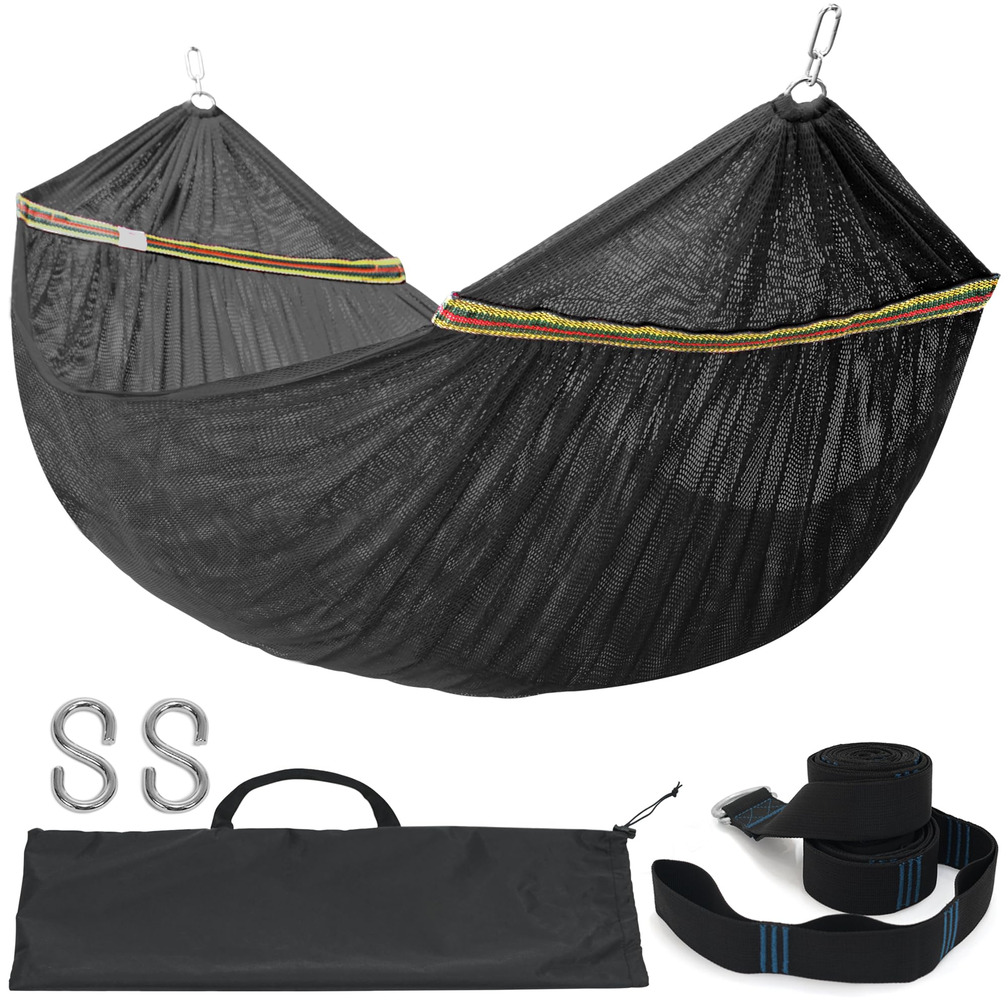 Tranquillo Double Hammock 2 Persons Polyester Hammock 550lbs Portable Camping Hammock with Hammock Tree Straps/Indoor Travel Patio Garden, Black