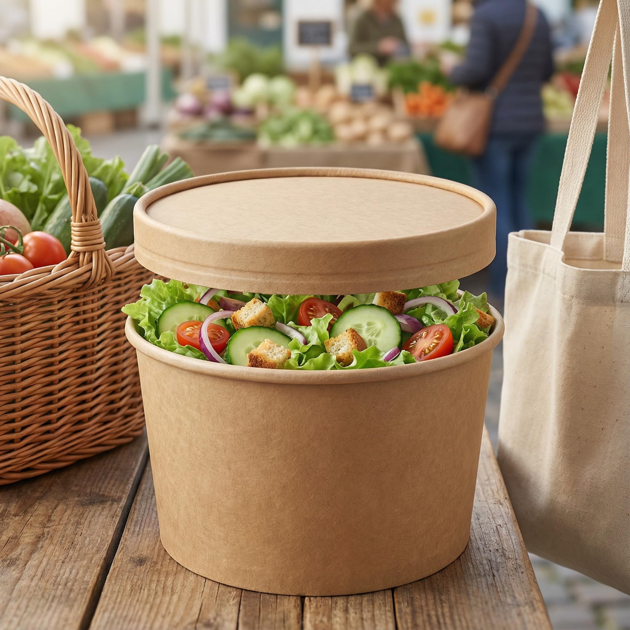 LANSKYLAN 50 Pezzi Contenitore per Zuppa in Carta Kraft Marrone 480 ml Bicchieri da Zuppa con Coperchio Contenitore per Alimenti da Asporto per Insalata Zuppa Gelati Dessert Gastronomia