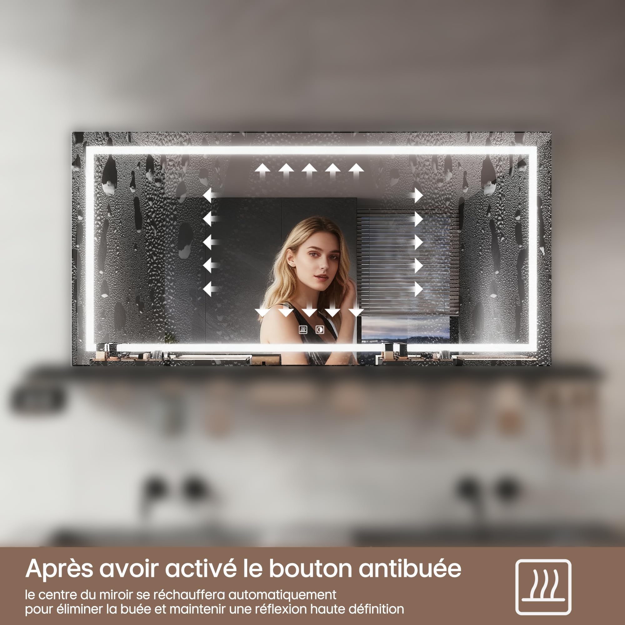 SIRHONA Specchio bagno 120 x 60 cm con bordo di stoccaggio, specchio anti-appannamento con illuminazione, dimmerabile e 3 colori regolabili, scatola di trucco, piccolo supporto, memoria, CRI>90