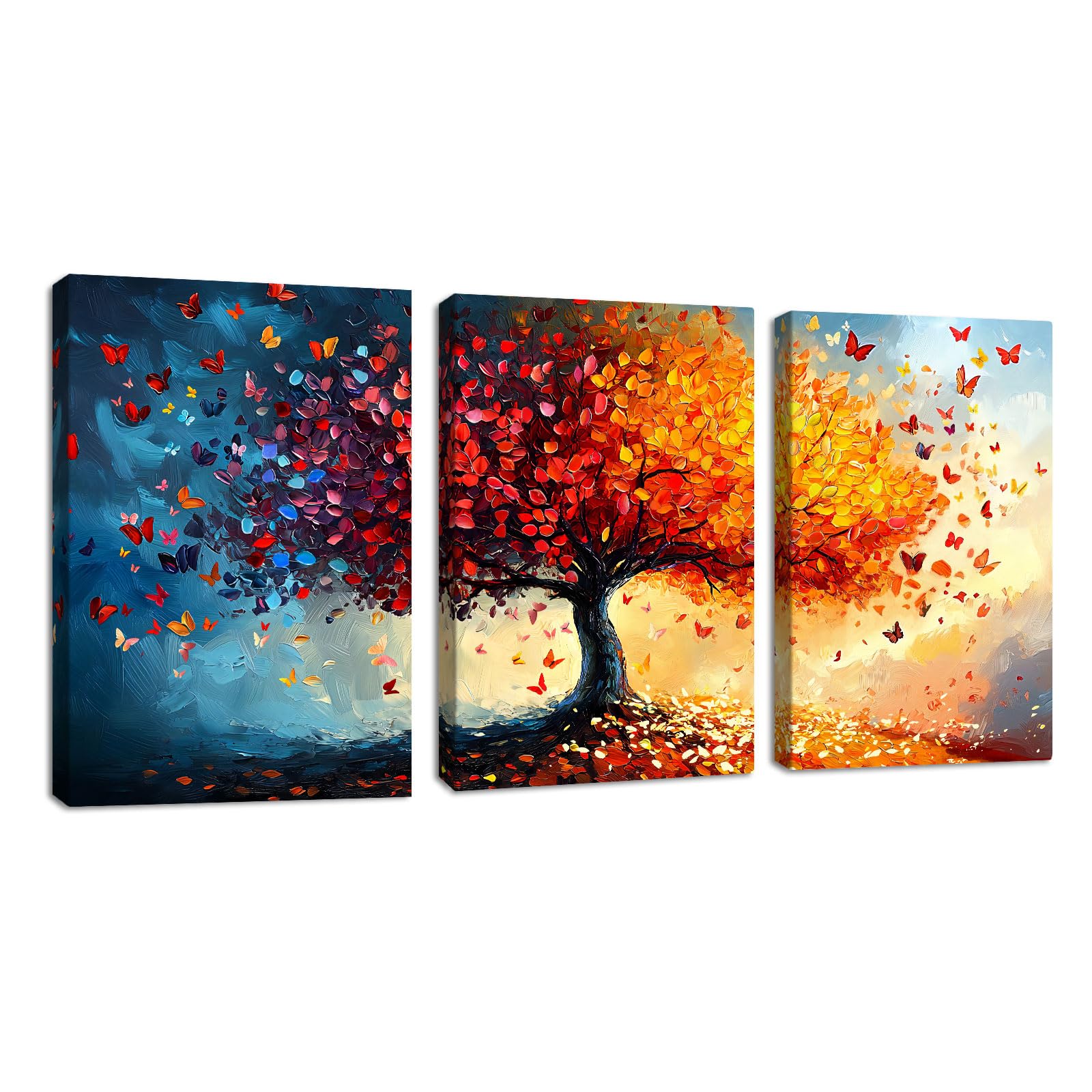 3 Pcs Orange Red Tree of Life Tree Canvas Wall Art