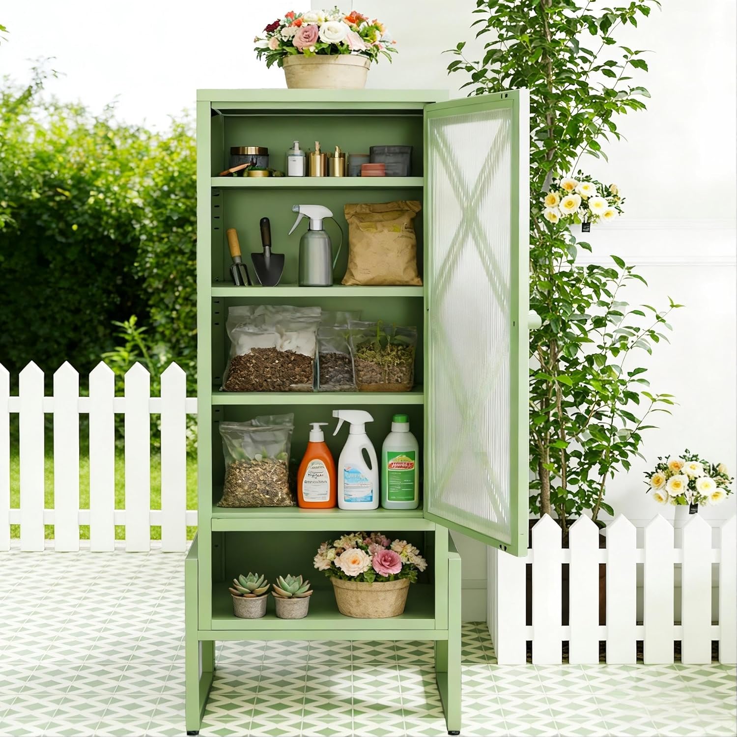 Outdoor Storage Cabinet, Heavy-Duty Metal Patio Cabinet with Waterproof & Rust-Resistant Coating, 3 Adjustable Shelves, Raised Base for Balcony, Backyard, Porch & Garden (Sage Green)
