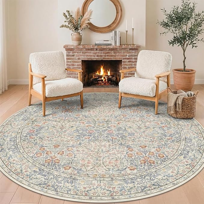 Beige Blue Large Round Rug for Living Room - 8ft Circle Area Rug for Bedroom, Kids Room, Home Office, Foyer, Non Slip Washable Botanical Floral 8 x 8 Décor