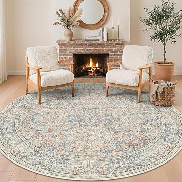 15% off: Hazo Haus Beige Blue Large Round Rug for Living Room - 8ft Circle Area Rug …