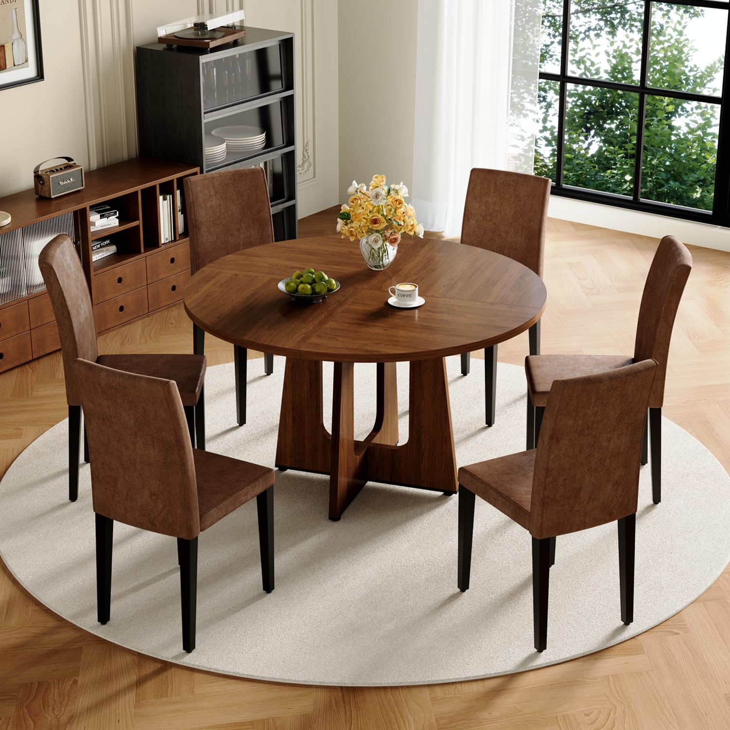 47" Round Dining Table Set for 6, Walnut Wood Grain Table and 6 Chairs Set