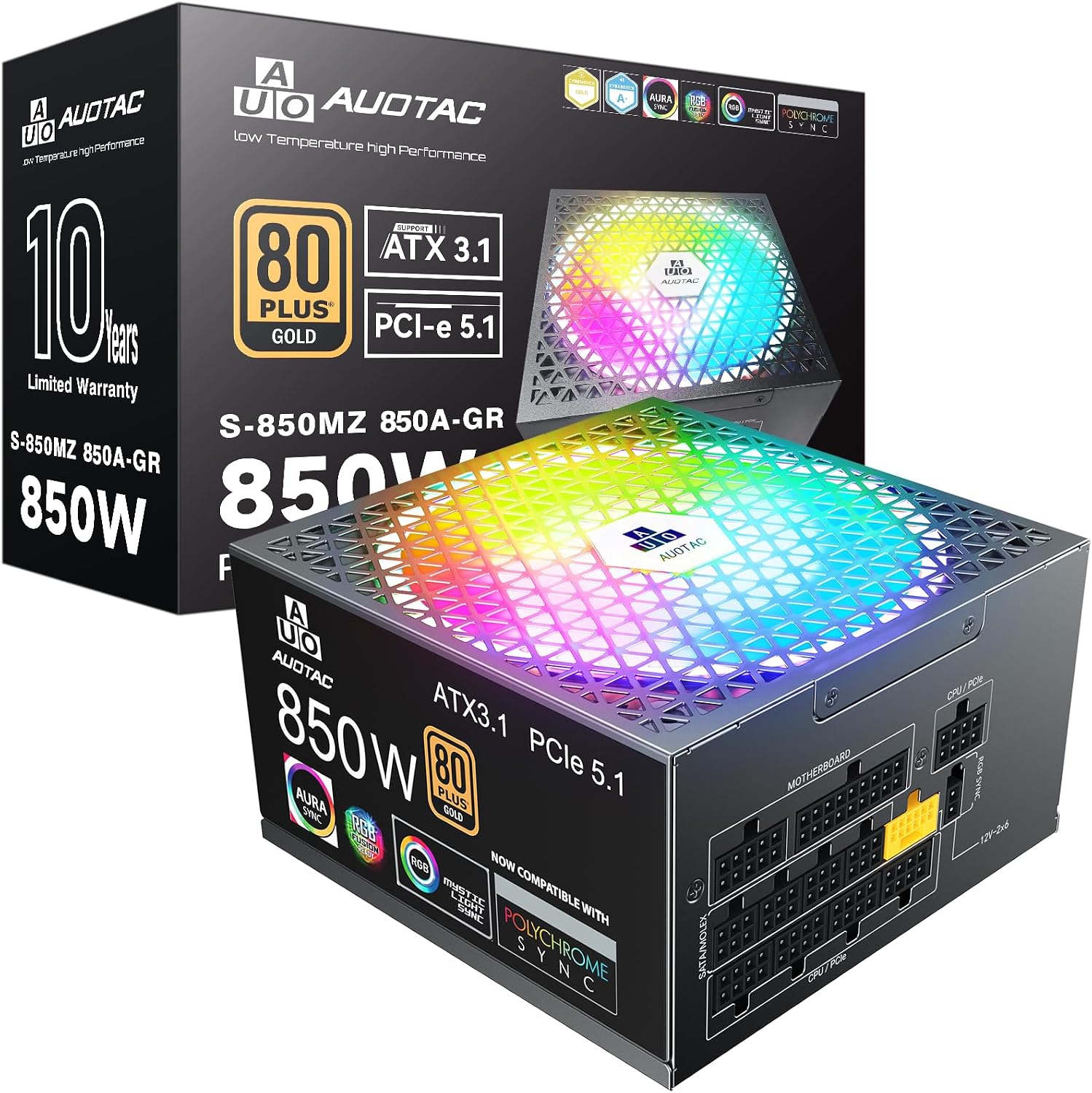 850W Fully Modular Power Supply, 80+ Gold PSU, ATX 3.1 & PCIe 5.1 Ready, Native Dual-Color 12V-2x6 Cable, RGB Low-Noise Smart Fan, 105°C-Rated Capacitors, Black