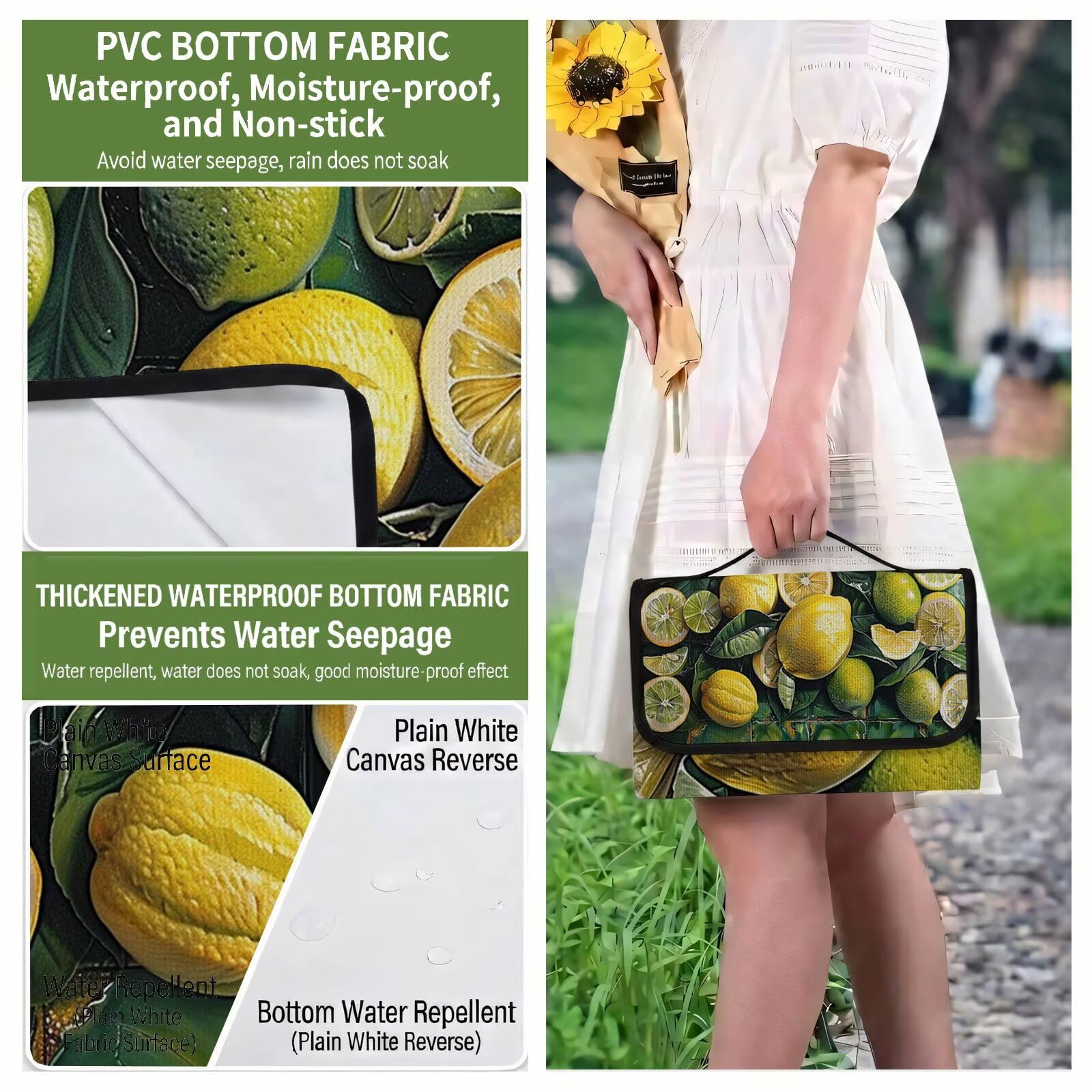 Couverture de Pique-Nique Grande 200x300 cm,Outdoor Couverture Imperméable,Pliable Tapis de Plage Dos en PVC Anti-Sable,Picnic Blanket pour Camping Accessoires,Jardin,Parc,Famille - Vert,citron UZ-522