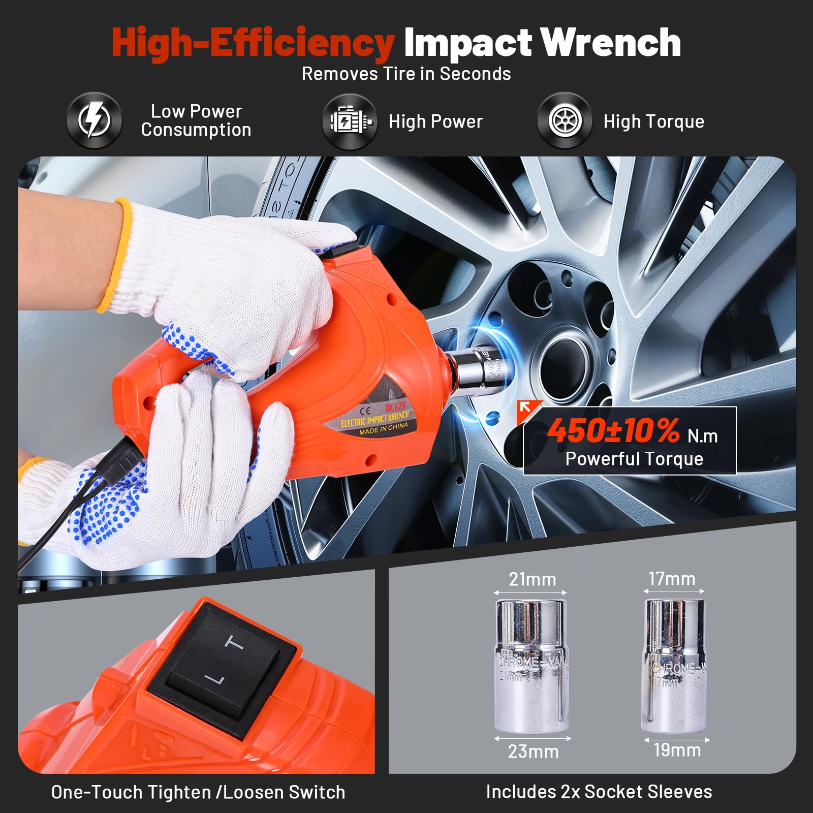 Gato hidráulico eléctrico con Llave de Impacto, compresor de Aire y maletín de Transporte, Capacidad 5T, 150 – 530 mm, Luces LED, Funcionamiento 12 V/CC para Cambio de neumáticos y