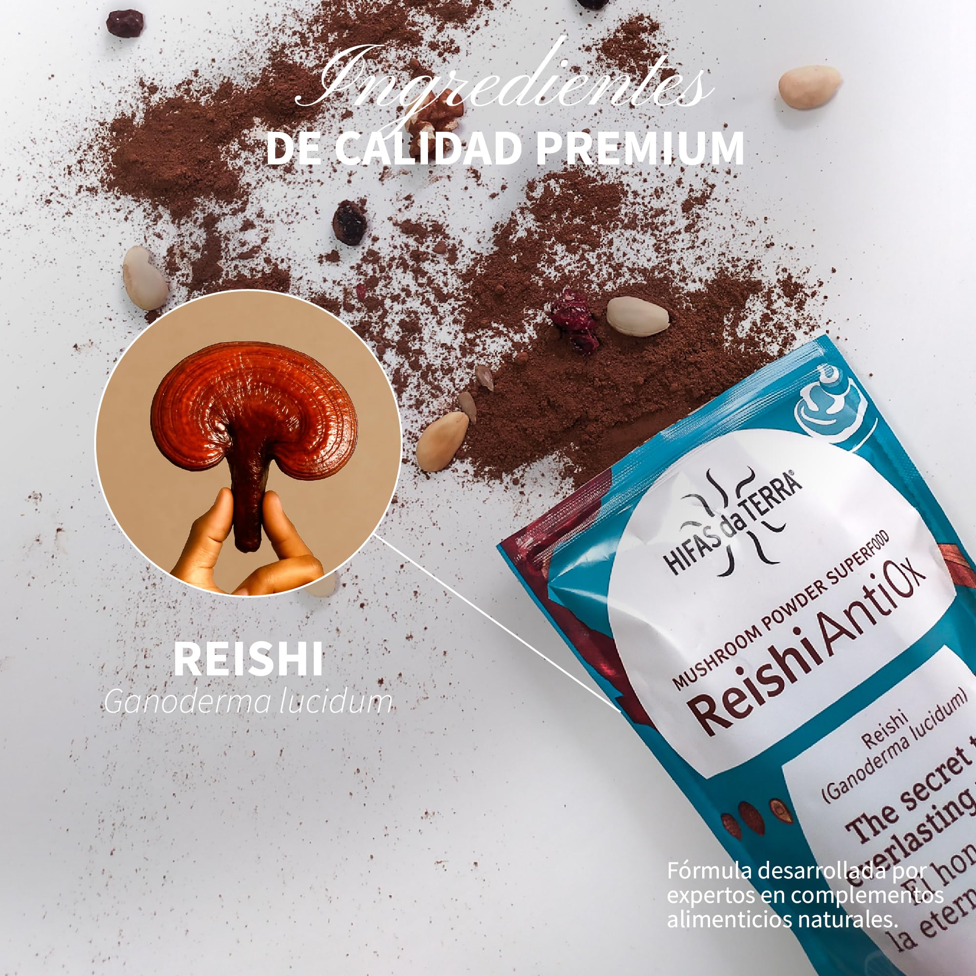 HIFAS DA TERRA - Reishi Antiox 100% Polvo de Reishi - Superfood Polvo de Hongos - Antioxidante, Refuerza el Sistema Inmunitario y Protege el Envejecimiento Celular - 100 g