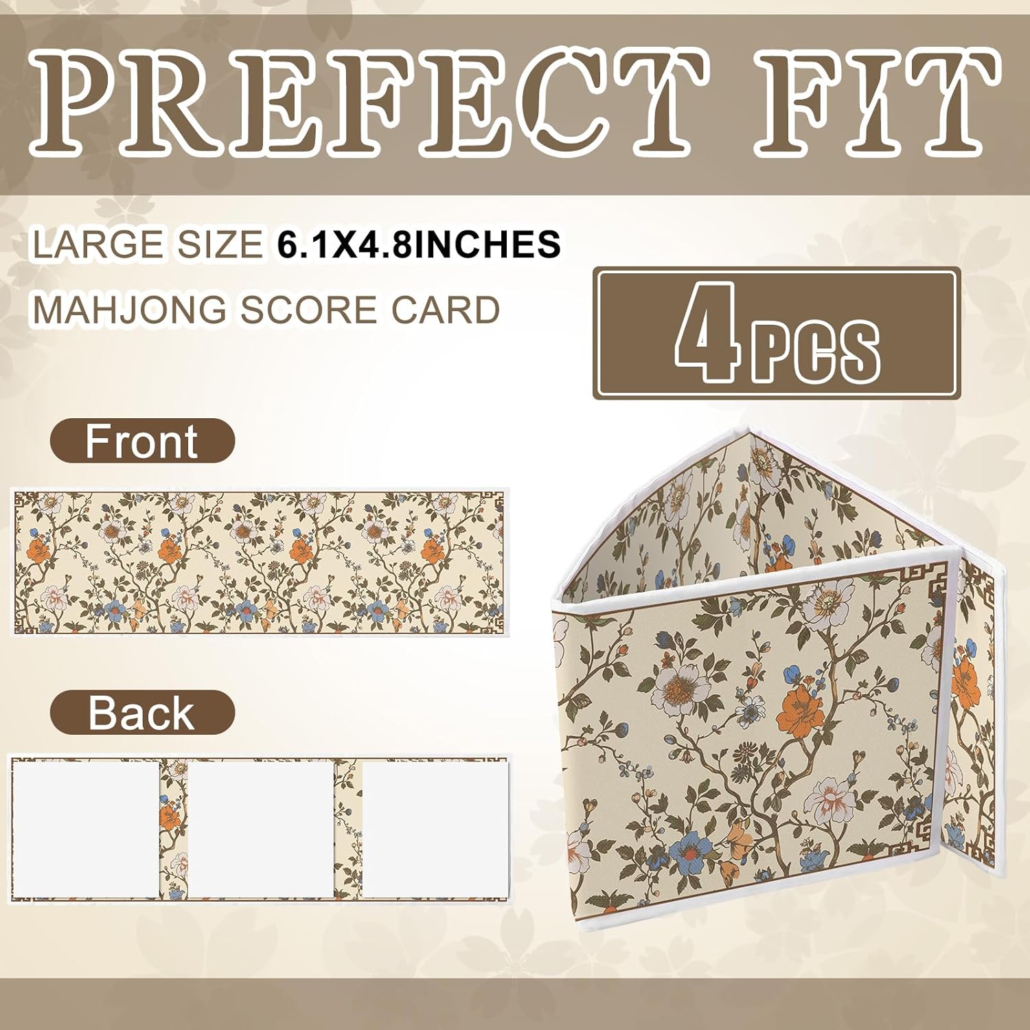 4 Pack Chinoiserie Mahjong Card Holder Chinoiserie Print Mahjong Card Sleeve Large Size(6 1/8”x4 3/4”) Soft Printed Fabric Scorecard Protector Holder Cover Gifts(Beige)