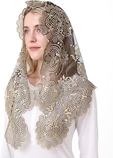 Ammmscaf Stylish Lace Mantilla Catholic Church Chapel Veil Head Covering Latin Mass (GOLD&BLACK)