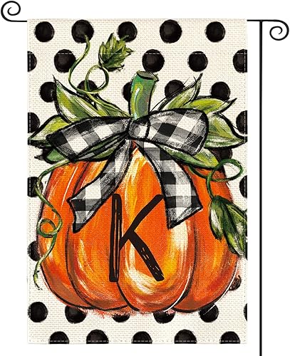 AVOIN colorlife Bandera de jardín con monograma de otoño con letra K, diseño de calabaza, con diseño de lunares, 12 x 18 pulgadas, doble cara en el