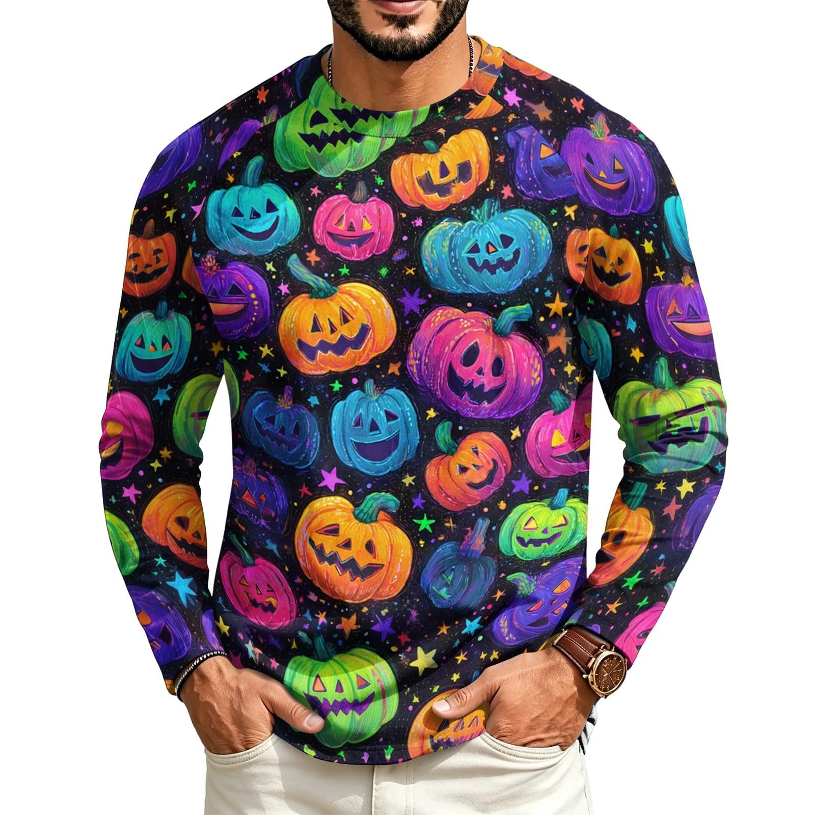 Halloween Crew Neck Shirts Costumes for Men Long Sleeve Fit Pumpkin Ghosts Print Casual Fashion Tops 2026๏ผ03-Purple 3XL โ image 1