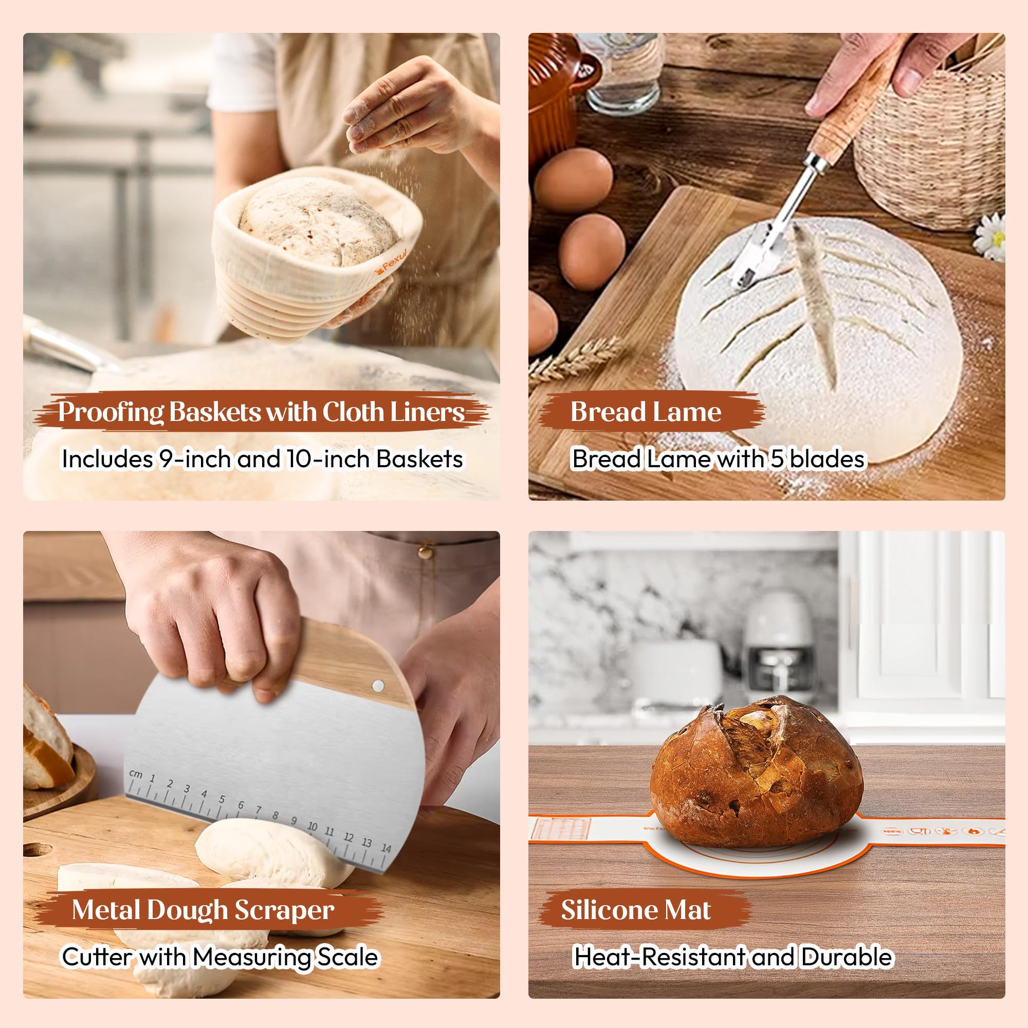 Sauerteig-Starter-Set mit 22,9 cm und 25,4 cm authentischen indonesischen Banneton-Gärkörben, 680 ml Glas und Rezeptbuch, komplettes Brotbackzubehör, Set