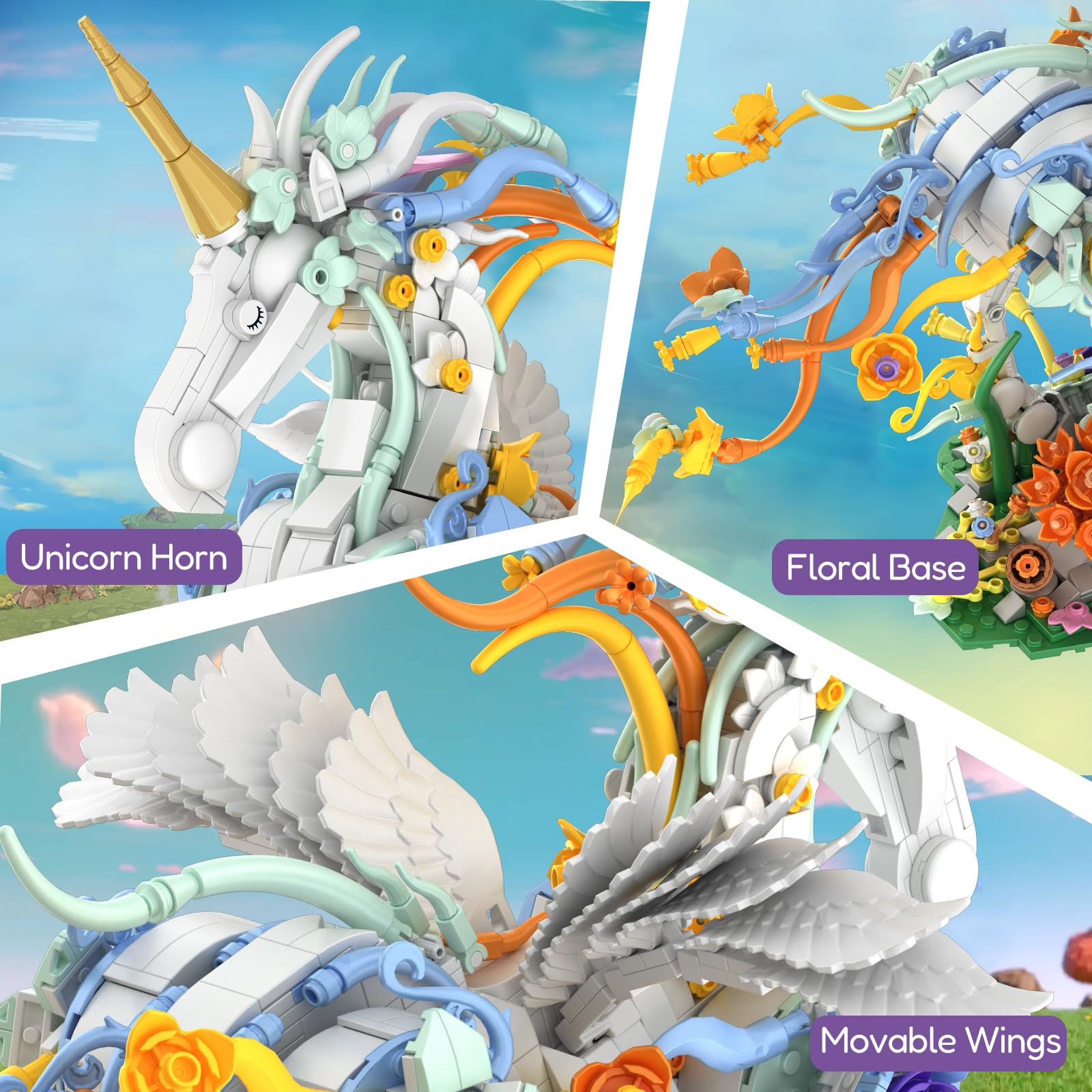 Sillbird Flowers Unicorn Building Toy Set, MOC Floral Animal