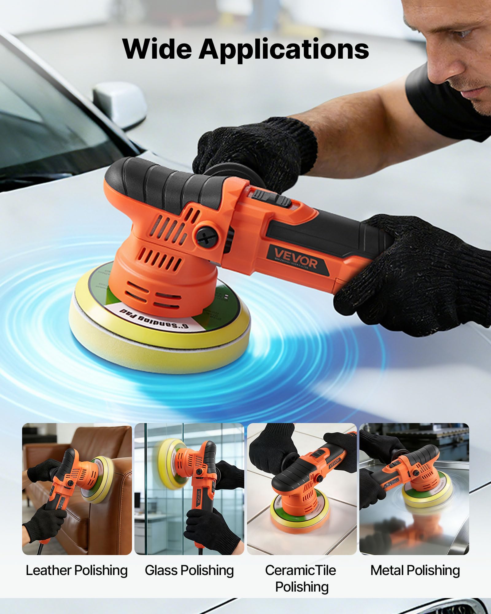 VEVOR Lucidatrice Orbitale Casuale per Auto 650 W, Lucidatrice a Doppia Azione da 150 mm, con 6 velocità Variabili da 2000 a 6800 Giri/Min, Kit per Ceratura, Lucidatura e Rimozione Graffi, Multiuso