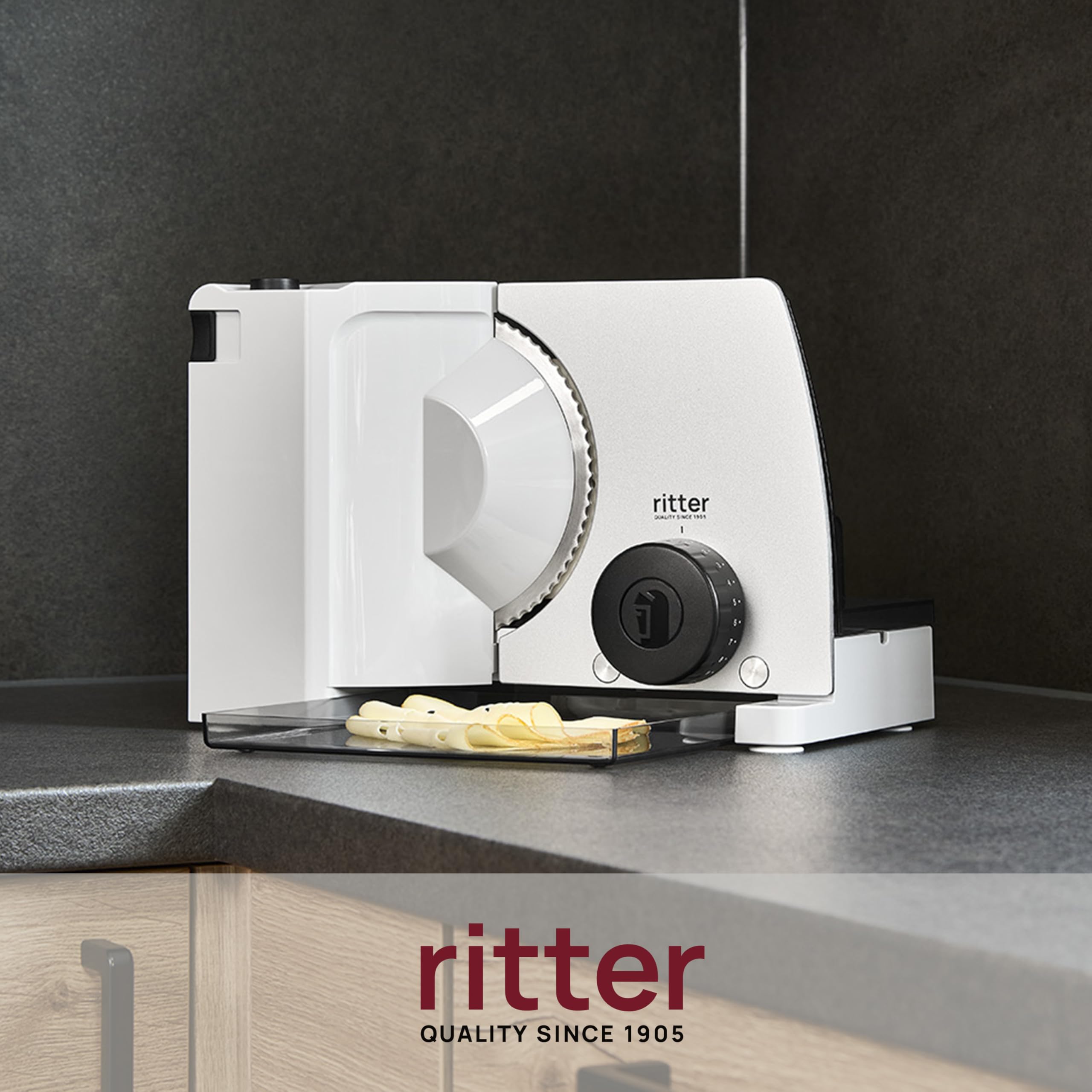 ritter compact 7 Affettatrice elettrica universale, metallo, lama dentata, spessore regolabile fino a 23 mm, per pane formaggio frutta verdura