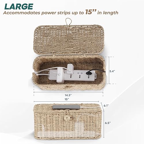 Miniatura 2 de BLUEWEST Caja grande de organización de cables, cajas organizadoras de cables de ratán natural para regleta de alimentación  2 ranuras abiertas para