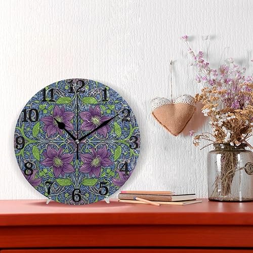 Miniatura 2 de KLL Retro Clematis William Morris Pattern 10 Inch Round Home Wall Clock Silent Creative for Bathroom School Home reloj de pared para cocina