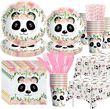 Panda Party Supplies For Birthday & Baby Shower, Panda Birthday Party Decorations Tableware For Girls, Paper Plate, Cup, Napkin, Tablecloth, Cutlery, Straw | Serves 24