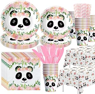 HIPVVILD Panda Party Supplies, Panda Birthday Party Decorations For Girls, Panda Plate, Cup, Napkin, Tablecloth, Cutlery, Straw, Panda Party Decorations Tableware For Birthday & Baby Shower | Serve 24
