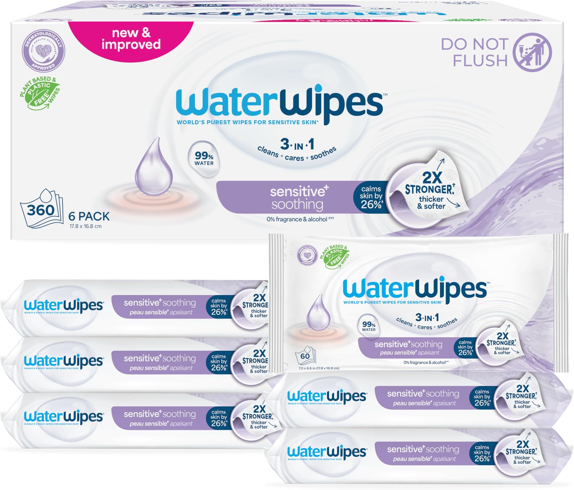 Sensitive+ Soothing Wipes, 3-In-1 Cleans, Cares, Soothes, 99% Water with Botanical Extract, Unscented & Hypoallergenic Baby Wipes, 360 Count (6 Packs)
