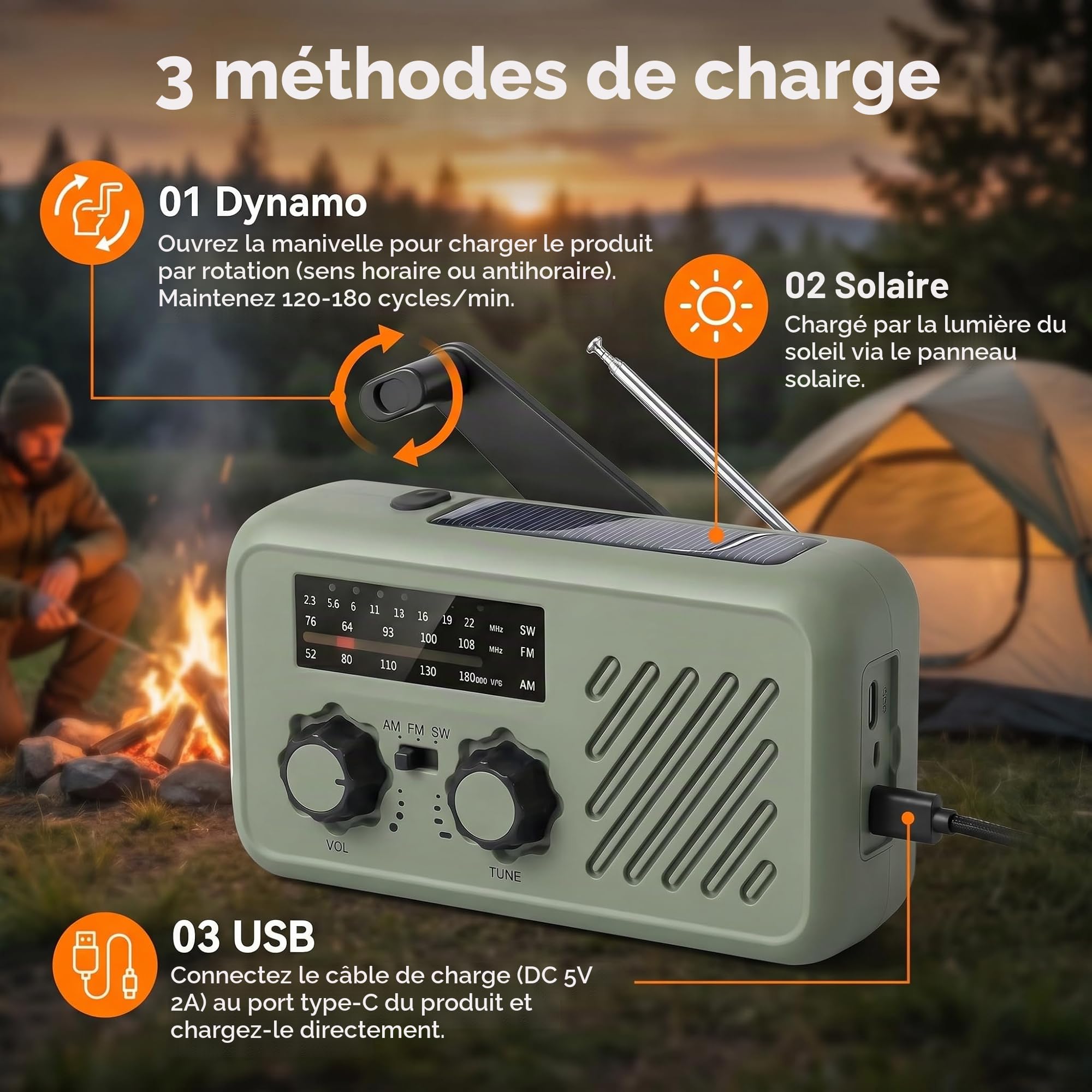 Radio Portable Urgence, Radio de Survie AM/FM Solaire & Dynamo, Powerbank 2000mAh, Lampe LED Torche + Lecture, Alarme SOS - 4 Modes de Charge, Idéale Camping, Panne de Courant, Voiture
