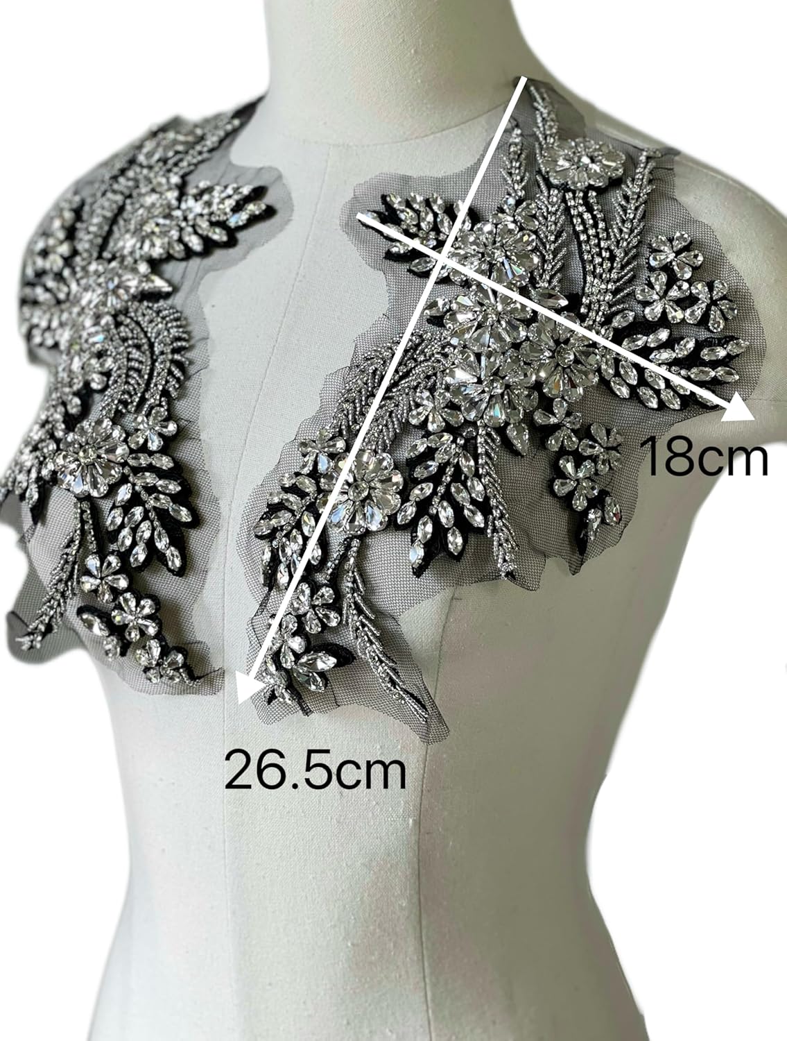 1 Pair of Handmade Rhinestone Appliques,26.5 * 18cm Beaded Applique for Dress Wedding,Banquet Evening Gown,Photograph Shot Sewing Rhinestone Trim Patches(Black and White)