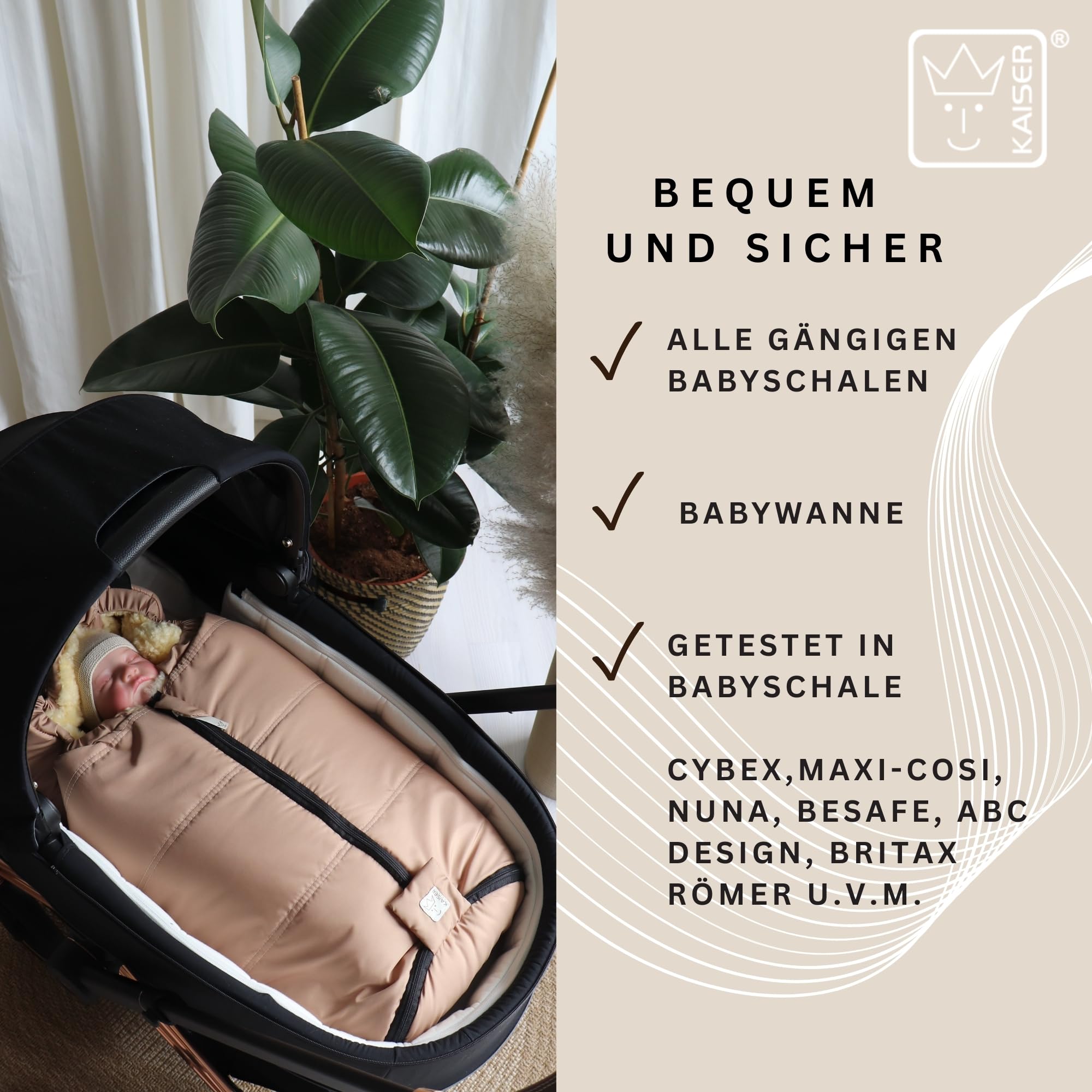 Naadja Lammfell Babyschalen Fußsack, 80 x 37 cm, Mumienform, für Babyschale und Babywanne (sand)