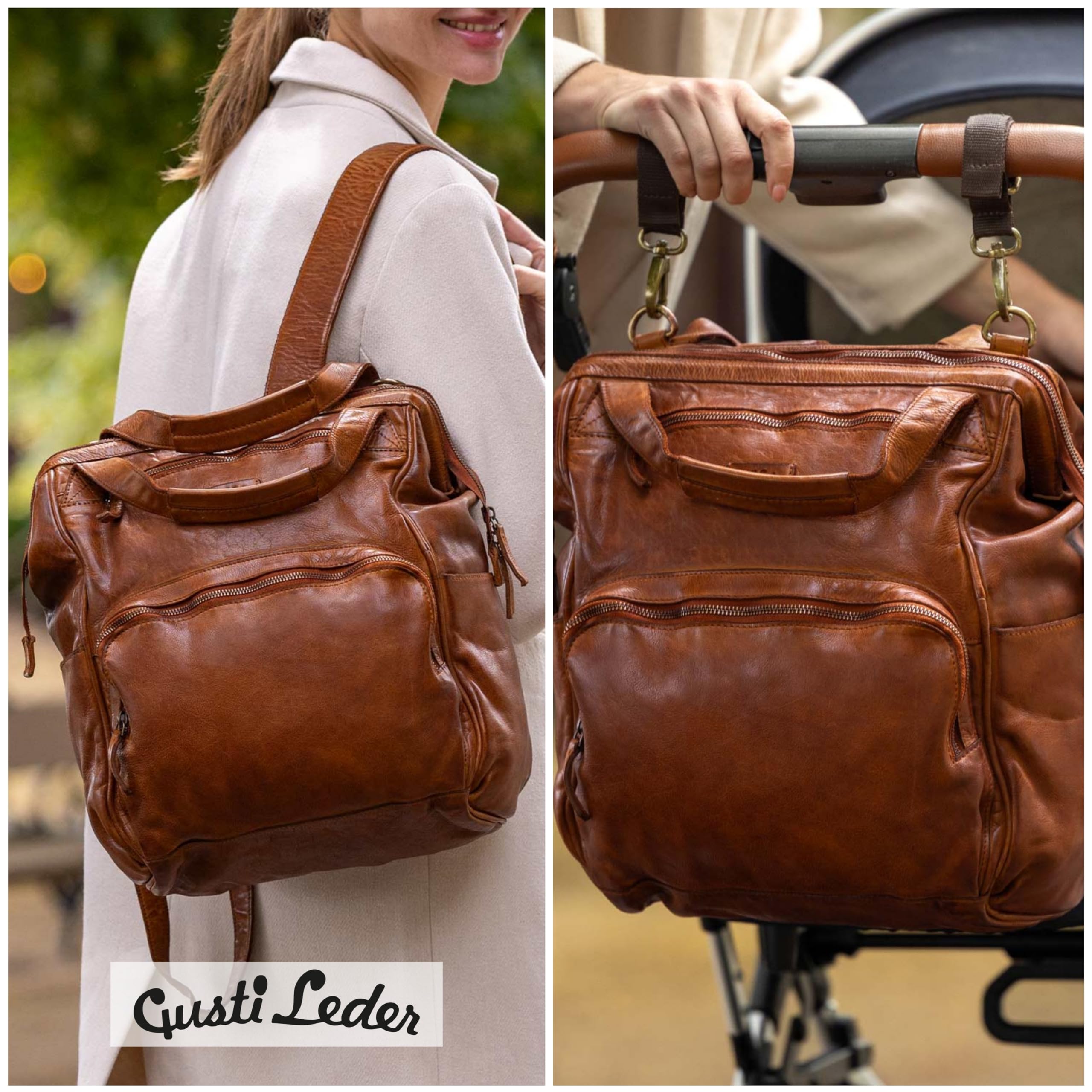 Gusti Leder Wickelrucksack Carina - Leder Wickeltasche mit Wickelauflage & Organizer Fächern - Lederrucksack Damen & Herren - Kinderwagen Organizer & Reisetasche