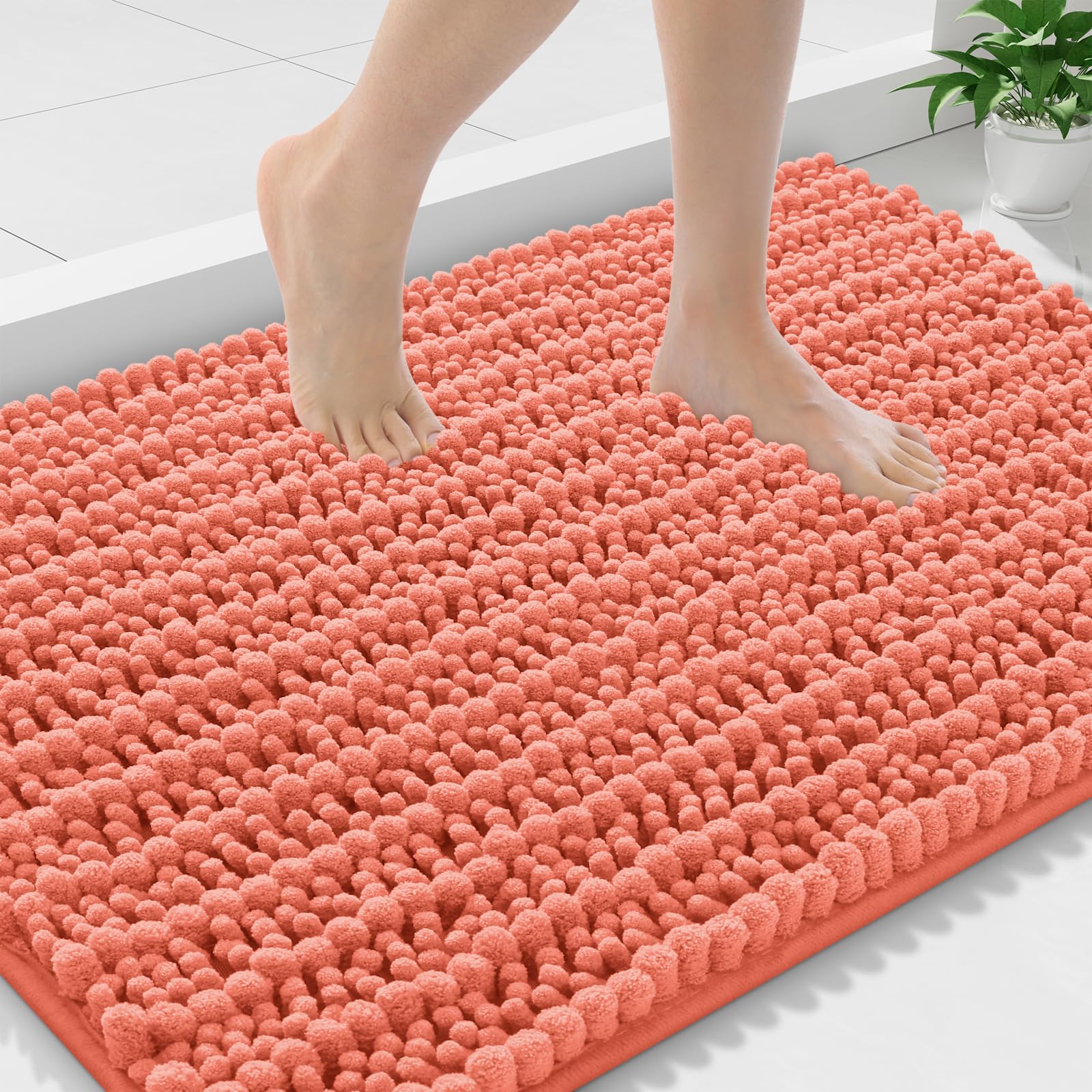 Photo 1 of Smiry Bathroom Rugs Mat 36x24, Extra Soft Absorbent Chenille Bath Rugs, Non Slip Rubber Backing Machine Washable Quick Dry Bath Mats for Bathroom Floor, Tub, Shower, Home Decor Accessories, Coral