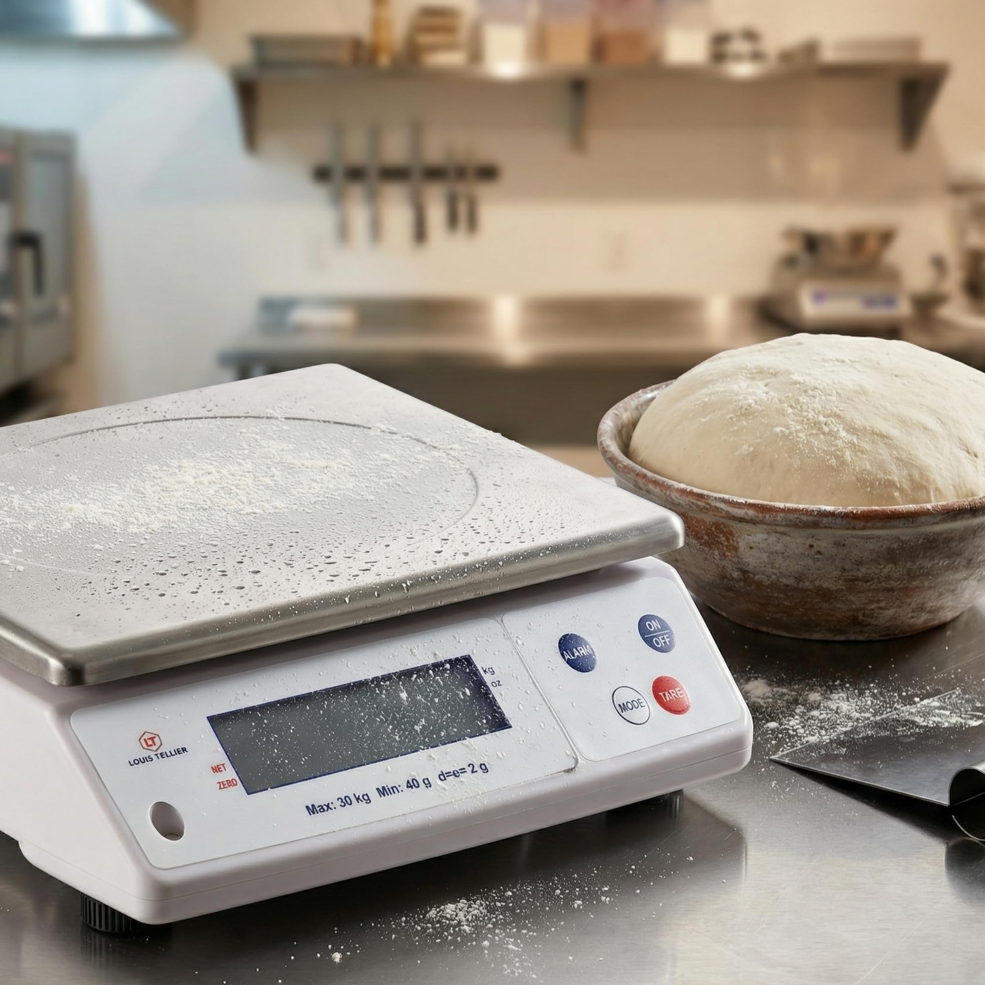 LOUIS TELLIER | Báscula electrónica profesional | 30 kg | IP53 | precisión 2 g | bandeja extraíble | cocina | panadería | 30 x 32 x 11,5 cm