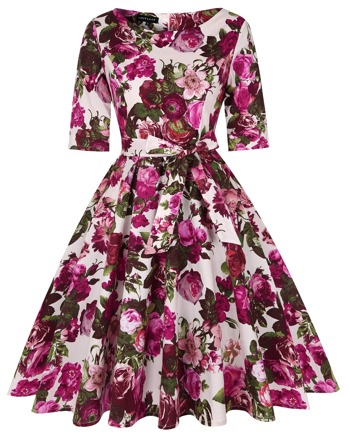 Mintlimit Women's Floral-Rose-Half Sleeve Vintage Ruffle Flared Pockets A Line Swing Casual Cocktail Party Dress(Floral White And Pink,Size L)