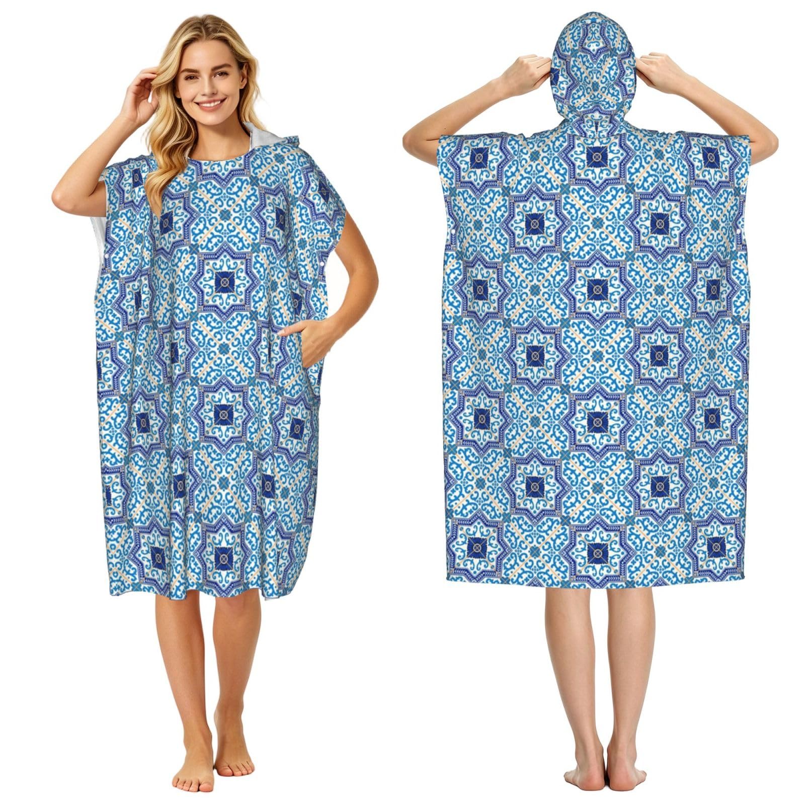 Poadnly Moroccan Portuguese Style Classic Tiles, Adult Hooded Beach Towel 90 x 110 cm,Changing Bath Robe, Surf Poncho Towel For Women Men