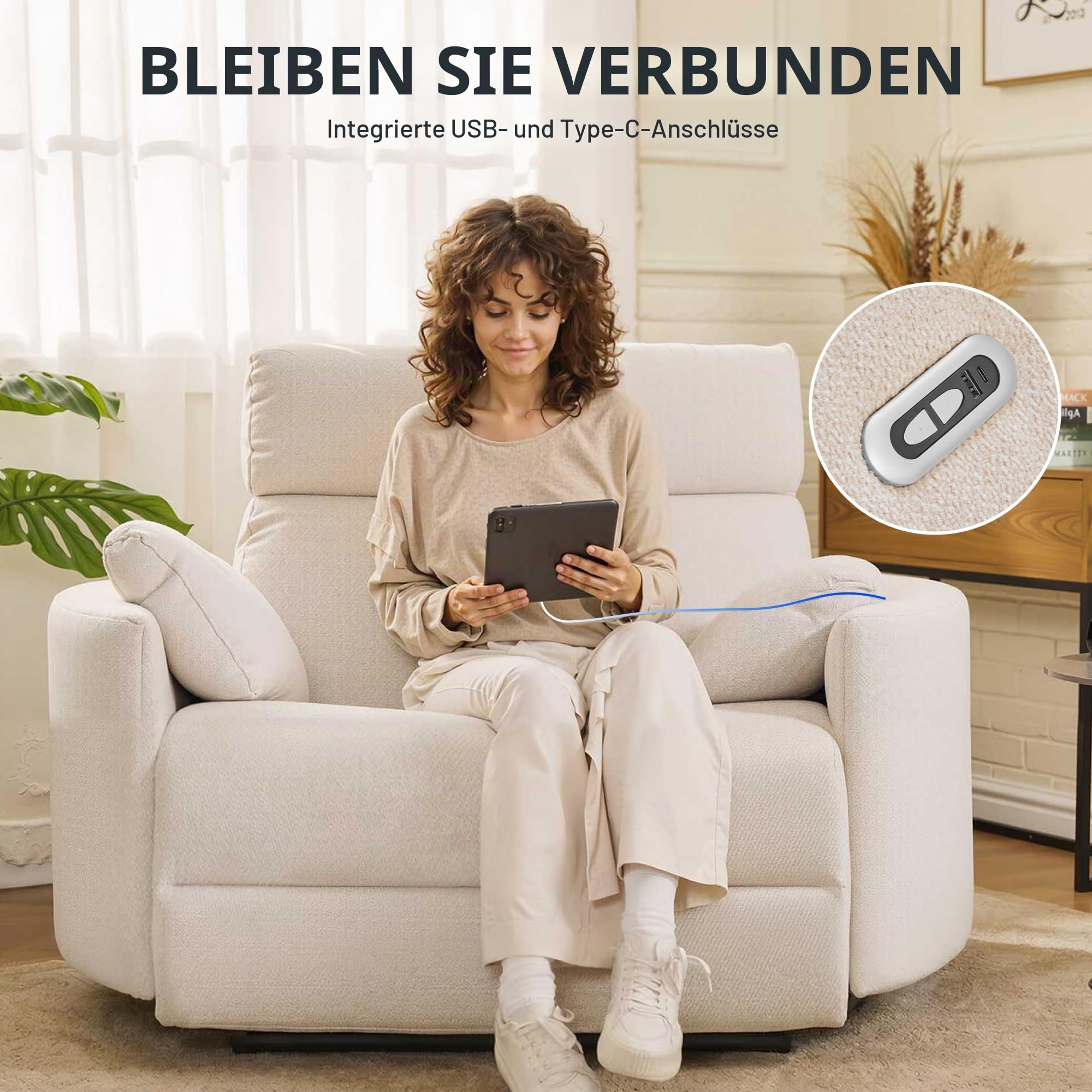 FLEXISPOT Mochi Pro Zero-Wall XXL Elektrischer Relaxsessel, 1,5-Sitzer mit 90 cm Sitzbreite, Fernsehsessel für Große & Schwere, Heimkino Sofa mit Klemmschutz, USB/Typ-C, Chenille Beige