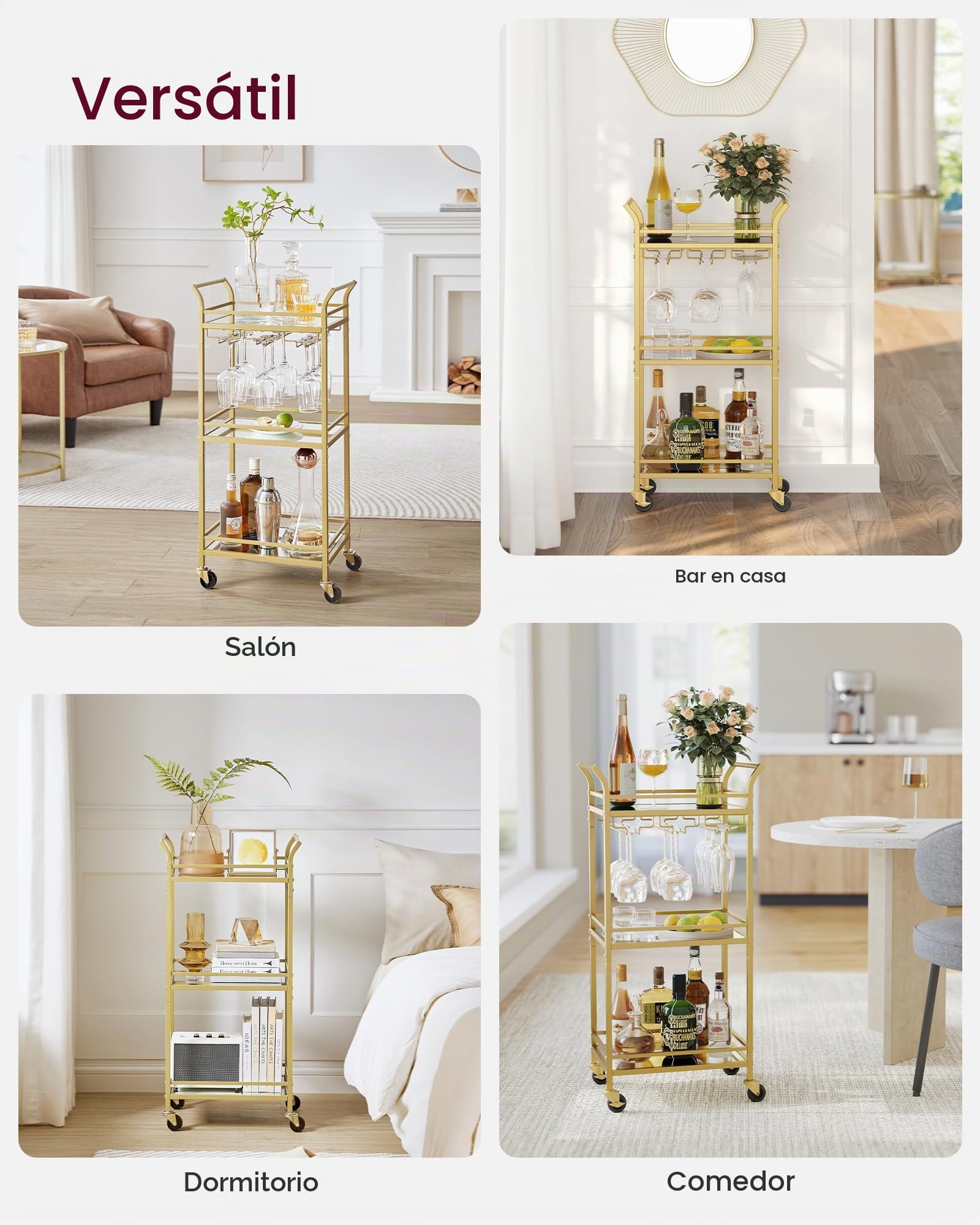 VASAGLE Carrito de 3 Niveles, Carro de Cocina Dorado, con Ruedas, con Pasamanos, Vidrio de Espejo, Carro para Espacios Pequeños, Cocina, Comedor, Baño, Salón, Bar, Dorado LRC091A62
