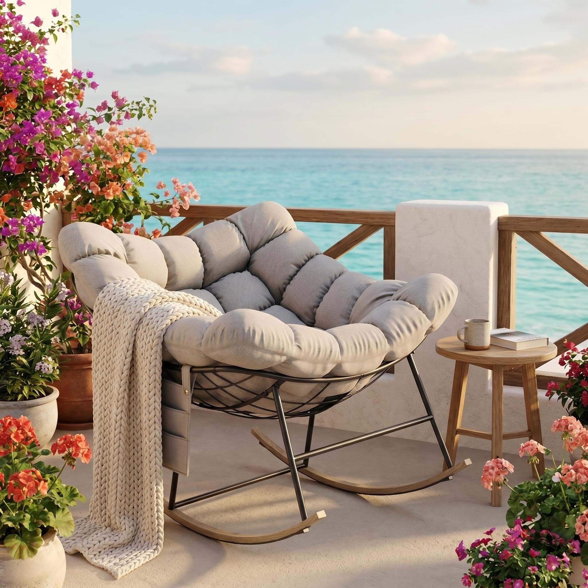 Sedia a Dondolo Esterno Oversize con Tasca Laterale per Soggiorno, Giardino | Poltrona a Dondolo Relax con Cuscino Imbottito, Struttura in Acciaio Portata 150kg Ergonomica per Interno, Camera da Letto