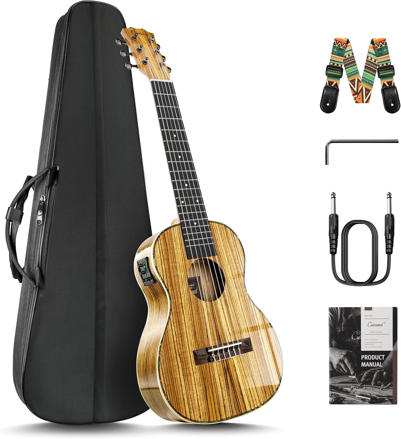 Caramel 6 String CB103G 30 Inch High Gloss Zebra Wood Acoustic & Electric Ukulele Guitalele with Truss Rod with Padded Gig Bag, Strap