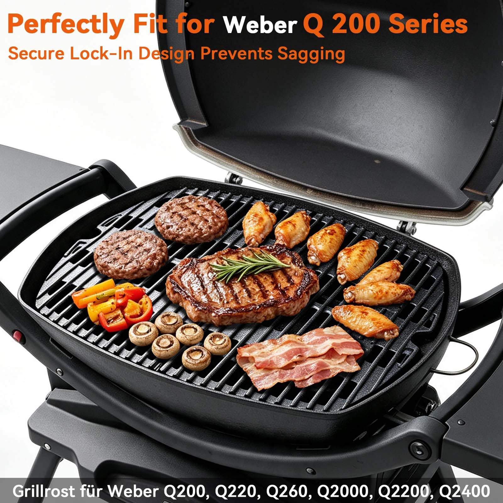 7645 - Griglia in ghisa per Weber Q200, Q220, Q260, Q2000, Q2200, Q2400 | Griglia per barbecue Weber Baby-Q serie 200 65811, 27,3 x 38,8 cm, con rivestimento antiaderente su misura, 2 pezzi