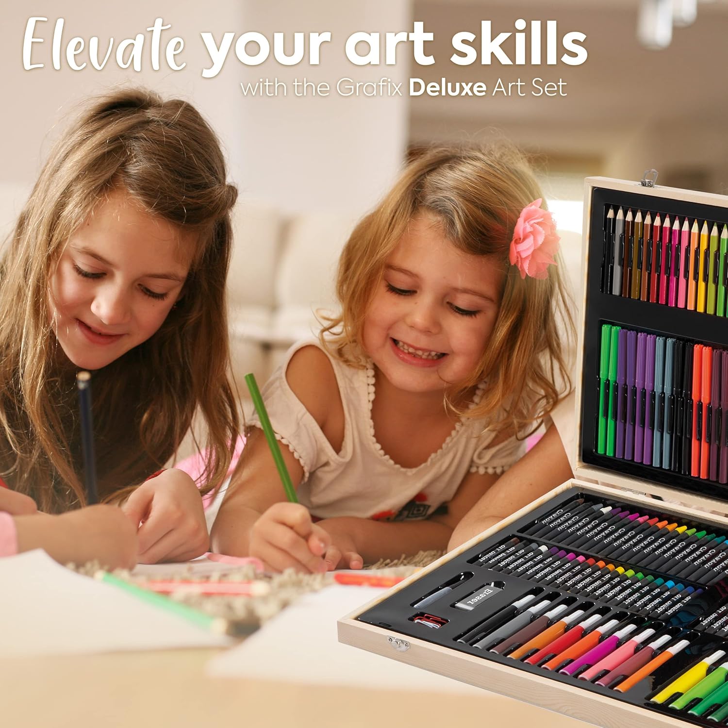 Grafix 180-Piece Art Set - Multicolor Drawing & Painting Kit with Wooden Case - Perfect for Kids & Adults