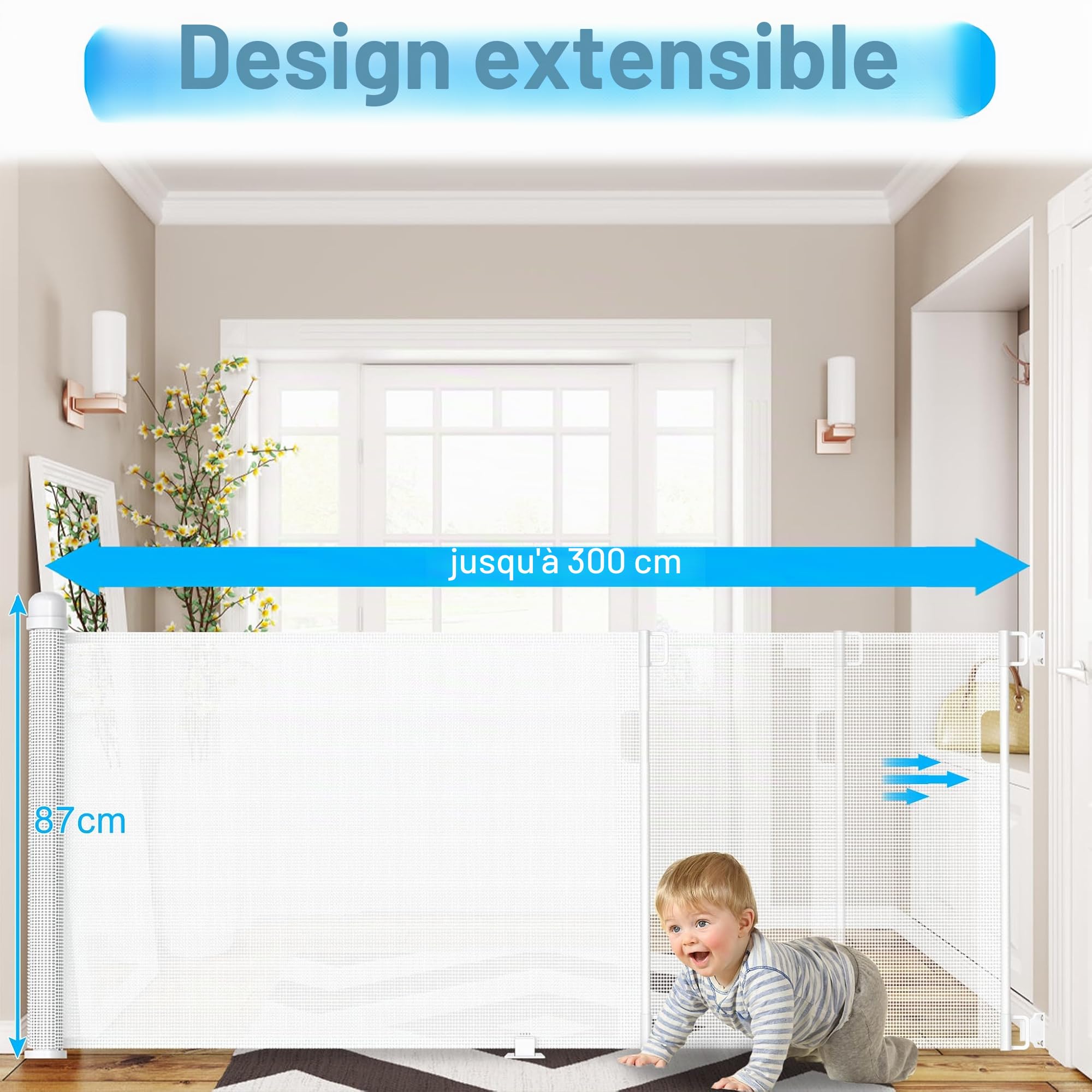 UISEBRT Grille de protection pour porte extensible UISEBRT 0-300 cm, barrière de sécurité pour chien, grille de porte pour bébés et animaux domestiques, Blanc
