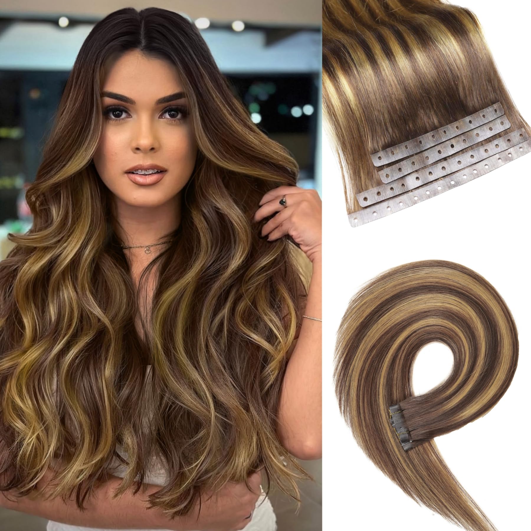 Hanne Fashion Human Hair Extensions T4/27 Highlight Honey Blonde Remy Human Hair Extensions with Holes Invisible PU Tape in Hair Extension Glueless