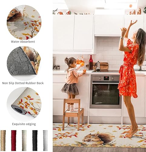 Miniatura 6 de Alfombra de camino de cocina, Acción de Gracias, ardilla, hoja de arce, árbol de hoja de arce, conos de pino vintage, antideslizante, alfombra para