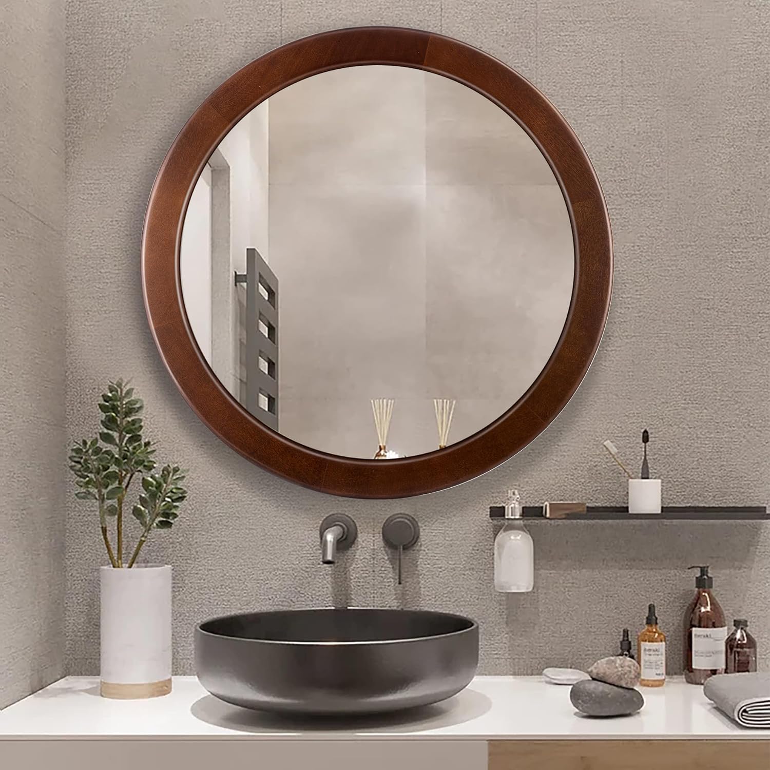 CULER Round Wood Mirror 24 Inch Circle Mirror with Walnut Frame for Wall Rustic Decorative Round Wall Mirror